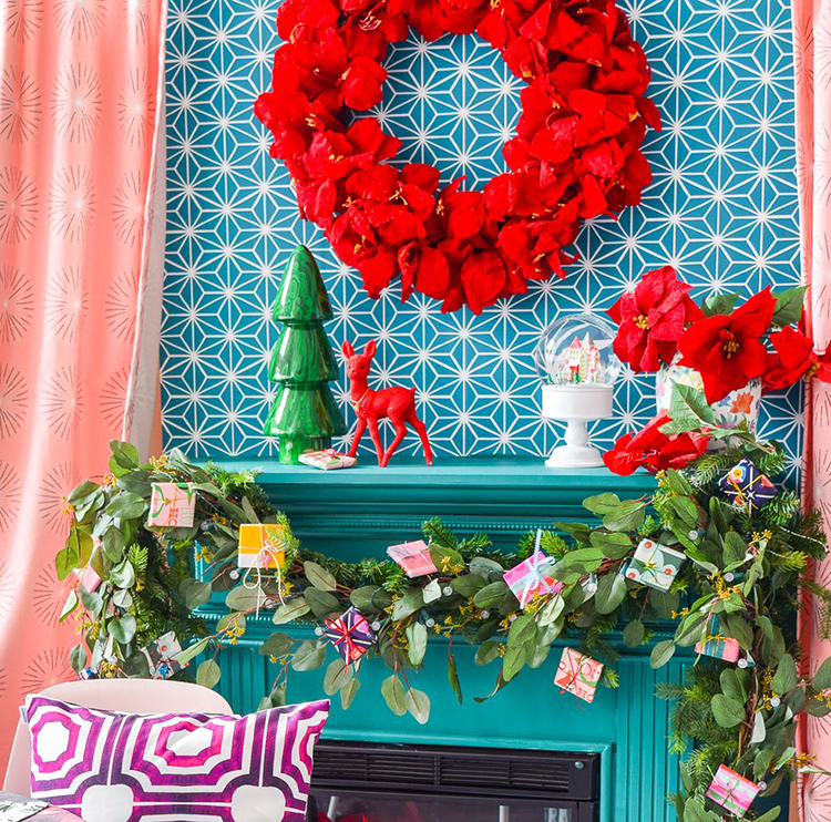Bright, Vibrant Fireplace with colourful decorations